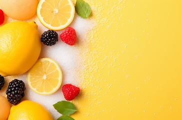Image showing Assorted Lemons, Raspberries, and Limes on a Yellow Background