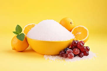 Image showing Yellow Bowl Filled With Sugar Surrounded by Fruit - Fresh, Sweet, and Colorful