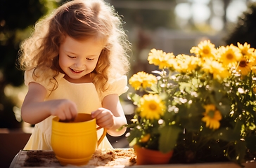 Image showing Little Girl Holding Yellow Cup at a Picnic in the Park