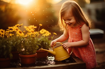 Image showing Little Girl Watering Potted Plant Using a Watering Can Outdoors in Bright Sunlight