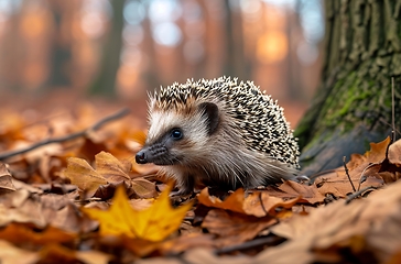 Image showing Hedgehog Resting in Leaves by Tree