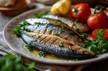 Image showing Freshly Cooked Fish and Vegetables Plated on a Table for a Delicious Meal