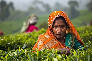 Image showing Woman Sitting in Tea Bush Field, Enjoying Serene Moment in Nature