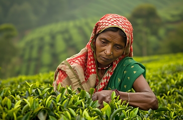 Image showing Woman Picking Tea Leaves in Field