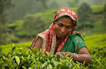 Image showing Woman Picking Tea Leaves in Tea Plantation