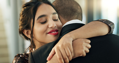 Image showing Happy couple, hugging and love in marriage or romance on date, together and trust at home. People, embrace and security in relationship on valentines day, support and care or joy for lovers affection