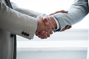 Image showing Handshake, business people and agreement in partnership, onboarding and thank you for recruitment. Coworkers, closeup and deal for merger in workplace, collaboration and support in cooperation