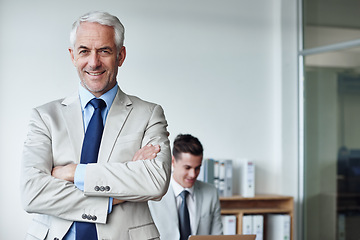 Image showing Senior businessman, portrait and confidence in training, agency and expert for mentoring in office. Happy male person, arms crossed and smile for support in management, advisor and corporate pride