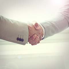 Image showing Handshake, business people and agreement in partnership, meeting and thank you for recruitment. Coworkers, closeup and deal for opportunity in workplace, collaboration and support in cooperation