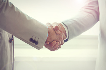 Image showing Handshake, business people and agreement in partnership, networking and thank you for recruitment. Coworkers, closeup and welcome or introduction in office, collaboration and support in cooperation