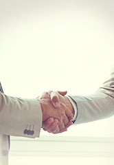 Image showing Handshake, business people and agreement in partnership, introduction and thank you for recruitment. Coworkers, closeup and deal for merger in workplace, collaboration and support in cooperation