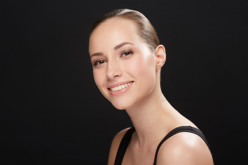 Image showing Model, positive or portrait in studio for cosmetics, spa or beauty treatment for cosmetology results. Woman, happy face and skincare with collagen for glow and make up on black background in mockup