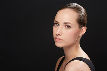 Image showing Model, confident and portrait in studio for spa cosmetology and beauty treatment for cosmetic in mockup. Woman, face or skincare with collagen for results, healthy body or make up on black background