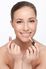 Image showing Woman, portrait and skincare for beauty, lipstick and makeup with cosmetology and wellness on white background. Face, cosmetic product for lips and clean skin, glow or shine with smile in studio