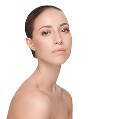 Image showing Portrait, natural beauty and serious woman, glow and mockup isolated on a white studio background. Face, shine and young model in cosmetics, dermatology and spa facial treatment for healthy skincare