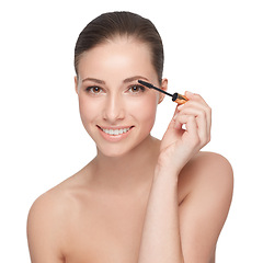 Image showing Mascara, brush and woman in portrait with makeup for beauty, cosmetic product for lashes and volume on white background. Wand for eyelash extension, glow with change or transformation in studio