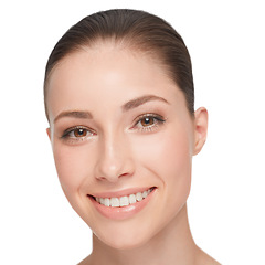 Image showing Dermatology, portrait and happy woman with beauty from skincare or headshot in white background. Studio, model and girl with perfect teeth and skin from healthy treatment or makeup from cosmetics