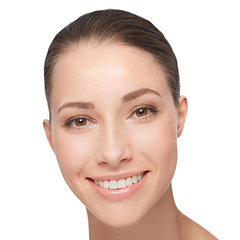 Image showing Happy, portrait and woman with beauty from skincare, dermatology or headshot in white background. Studio, model and girl with perfect teeth and skin from healthy treatment, makeup or cosmetics