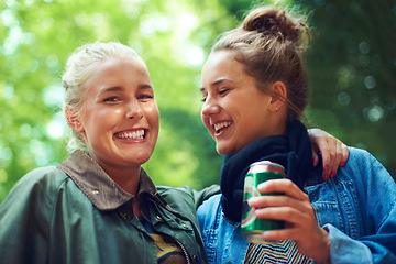 Image showing Portrait, music festival and women with a beer, hug and excited with happiness and bonding together. Face, people or outdoor with friends and alcohol with weekend break and smile with embrace and can