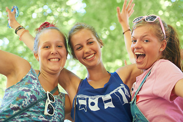 Image showing Excited, friends and portrait of women in nature on holiday, vacation and weekend in nature. Happy, smile and face of people embrace for bonding, fun and relax together on adventure, travel and trip