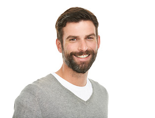 Image showing Portrait, smile and fashion with man, joy and confident guy isolated on a white studio background. Face, person and model with happiness and mockup space with geek and funny with humor and laughing