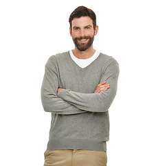 Image showing Fashion, man and portrait with arms crossed in studio with casual style, confidence and good mood. Person, model and face with smile, pride and calm expression for edgy outfit on white background