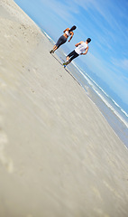 Image showing Sand, space or couple on beach running in exercise, training mockup or outdoor workout at sea. Sports people, runners or healthy athletes in nature for cardio endurance, wellness or fitness challenge