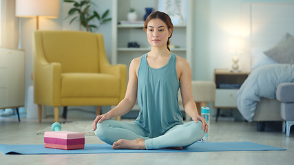 Image showing Exercise woman, yoga stretching and home fitness in living room floor for wellness, balance training and strong body. Healthy lady, pilates focus and flexible cobra workout training in house lounge