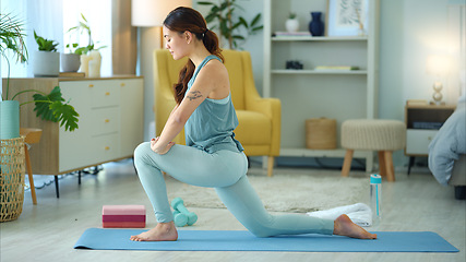 Image showing Woman, yoga and stretching for fitness, wellness in healthy spiritual zen exercise for mental wellbeing at home. Female in calm, relax and peaceful exercising workout for mind, body and spirit on mat