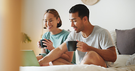 Image showing Relax, laptop and search with couple in bed and coffee streaming with subscription, internet and watching movie. Connection, wake up and marriage with man and woman with social media, news and online