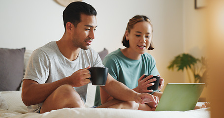 Image showing Relax, laptop and search with couple in bed and coffee streaming with subscription, internet and watching movie. Connection, wake up and marriage with man and woman with social media, news and online