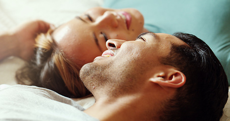 Image showing Couple in bed talking, happy and conversation in the morning. Love, dating and multicultural man and woman speaking, bonding and have a discussion in bedroom. People in a relationship laying together