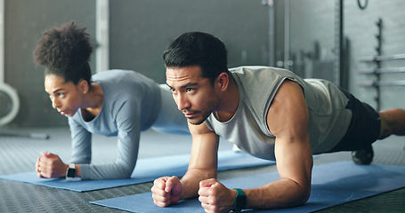 Image showing Couple, fitness and gym workout of training friends together for a core strength exercise for abs. Strong, sports and athlete wellness cardio of people doing a sport in a health club or studio