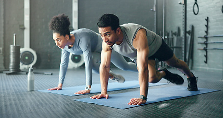 Image showing Couple, fitness and gym workout of training friends together for a core strength exercise for abs. Strong, sports and athlete wellness cardio of people doing a sport in a health club or studio