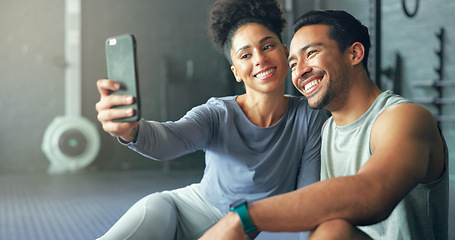 Image showing Asian man, woman or phone selfie in gym workout, training or exercise for social media, health app or fitness vlog. Smile, happy or bonding exercise friends or people on mobile photography technology