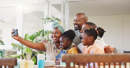 Image showing Selfie, birthday party and children, family or parents on social media, online memory and celebration, smile and hug. African people, mother and dat, kids and cake in profile picture for holiday