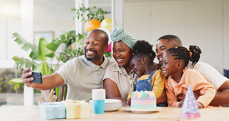 Image showing Selfie, birthday and black family of children and parent together for bonding, love and care. African woman, man and happy kids at home for a picture, quality time and bonding or fun at a party