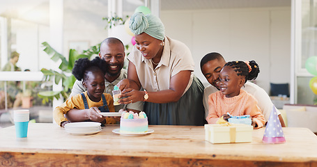 Image showing Birthday party, cake and family, children and parents for eating, celebration and kids at home. African people, mother and dad, kids or girl with dessert or holiday food in backyard or outdoor patio