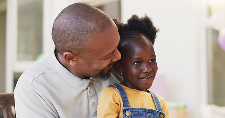 Image showing Mature African father, girl child and sitting together with care, love and bond with talk, love and smile in family home. Happy black man, kid and embrace with conversation, chat and relax on holiday