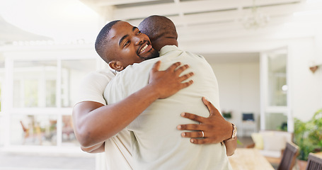 Image showing Senior African father, welcome and home with son, hug and love with kindness, bond and happy with care. Dad, black man and excited family with embrace, respect or conversation with smile in Cape Town