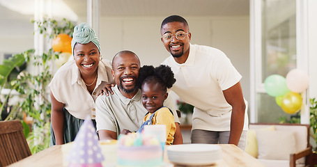 Image showing Face, birthday party and black family with celebration, happiness and excited with joy, event and cheerful. Portrait, mother and father with girl, female child and kid with social gathering and smile