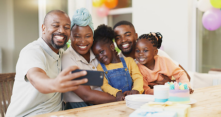 Image showing Selfie, birthday and black family of children and parent together for bonding, love and care. African woman, man and happy kids at home for a picture, quality time and bonding or fun at a party