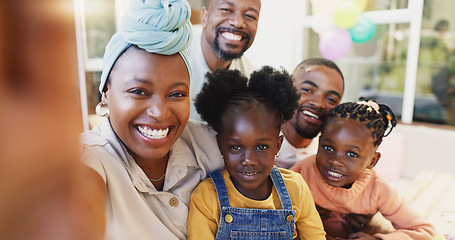 Image showing Black family, selfie and a smile of parents and children together for bonding, love and care. Face of an African woman, man and happy kids at home for a picture, quality time and bonding or fun