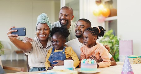 Image showing Selfie, birthday party and children, family or parents on social media, online memory and celebration, smile and hug. African people, mother and dat, kids and cake in profile picture for holiday