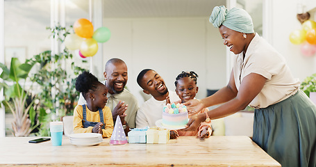 Image showing Birthday cake, family and children with parents for celebration, clapping and cheers for party at home. Happy, excited people, girl or kids with dessert and singing, kiss and love or support on patio