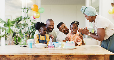 Image showing Birthday cake, family and children with parents for celebration, clapping and cheers for party at home. Happy, excited people, girl or kids with dessert and singing, kiss and love or support on patio