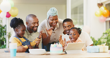 Image showing Black family, birthday cake and candles for children to celebrate with parents at a table. African woman, men and happy kids at home for a party, quality time and bonding or fun with love and care