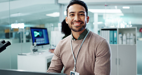 Image showing Asian man, smile and working in laboratory for innovation, pharmaceutical or research study. Male employee, happy and confident in testing facility for reviewing, development or data analysis