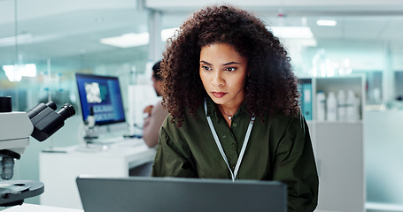 Image showing Woman. laptop and lab for research science or online internet for futuristic discovery, microscope or medicine. Female person, brainstorming and biotechnology for investigation, cure or development