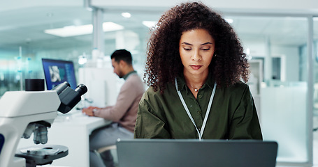 Image showing Woman. laptop and lab for research science or online internet for futuristic discovery, microscope or medicine. Female person, brainstorming and biotechnology for investigation, cure or development